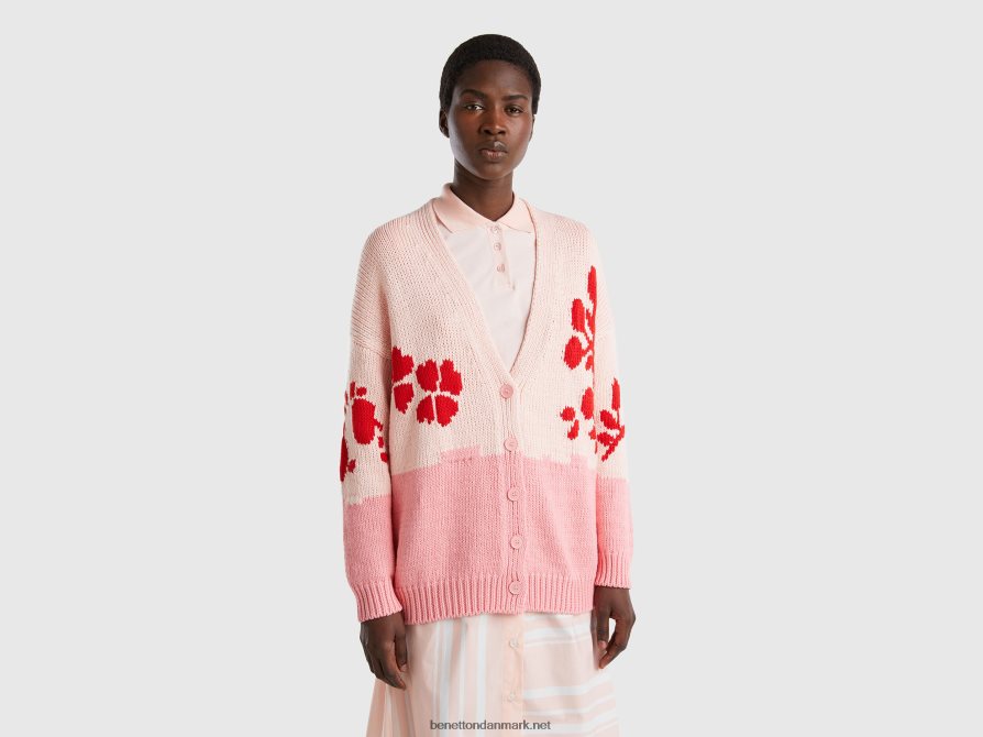 Kvinder pink cardigan med blomsterindlæg Benetton 44X8HF127 lyserød