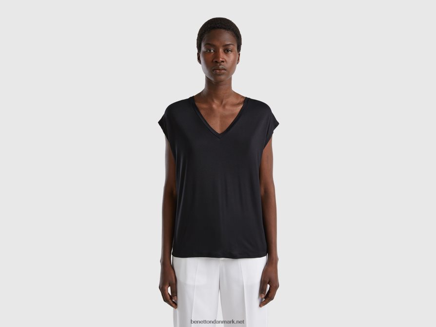 Kvinder t-shirt i bæredygtig stretchviscose Benetton 44X8HF414 sort