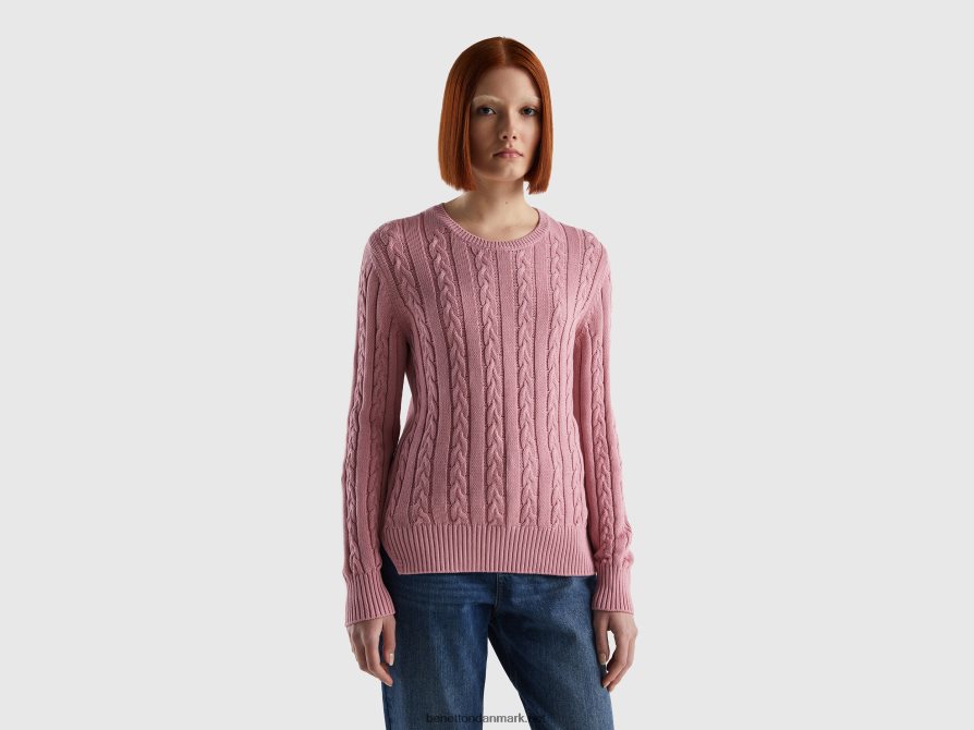 Kvinder kabelstrikket sweater 100% bomuld Benetton 44X8HF16 lyserød