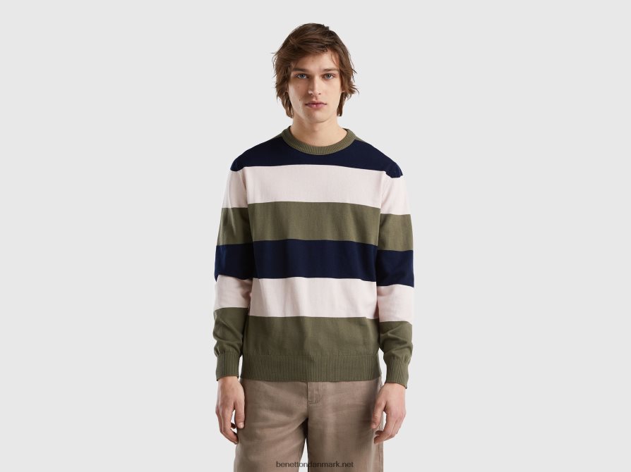 Mænd stribet sweater i 100% bomuld Benetton 44X8HF4373 grøn