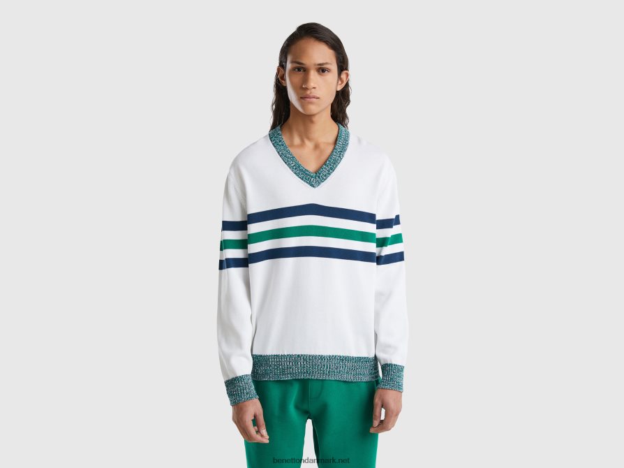 Mænd stribet sweater i 100% bomuld Benetton 44X8HF4390 hvid