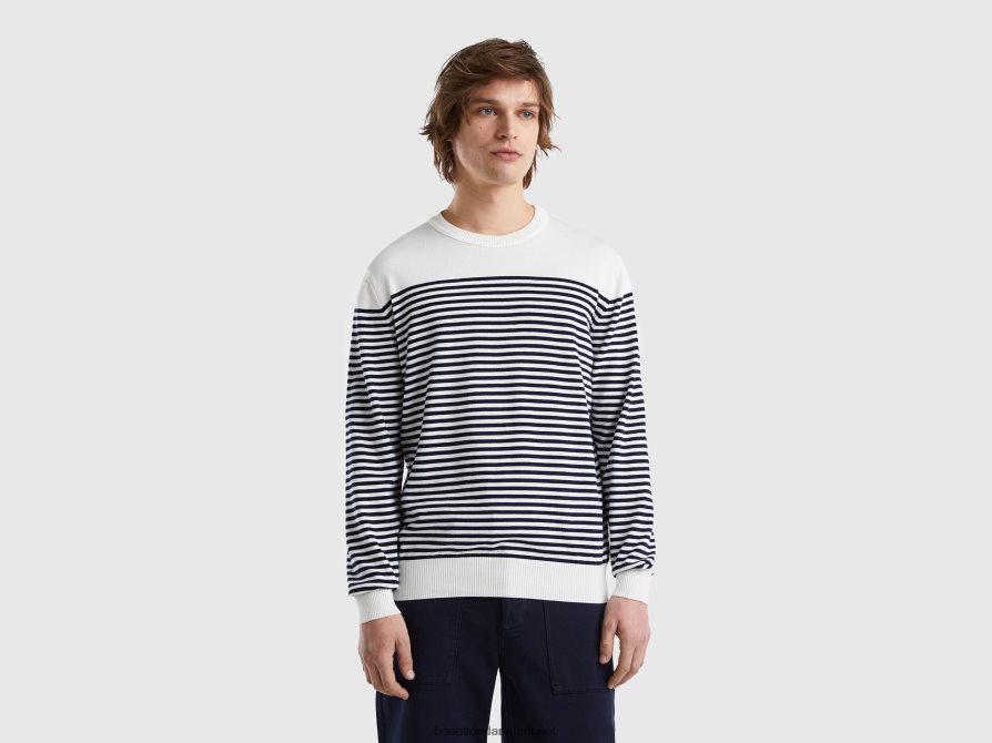 Mænd stribet sweater i 100% bomuld Benetton 44X8HF6073 hvid